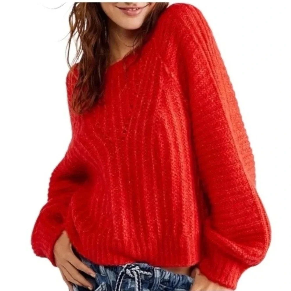 Free People Carter Fuzzy-Knit Pullover Sweater Red Hot OverSized Women's XS